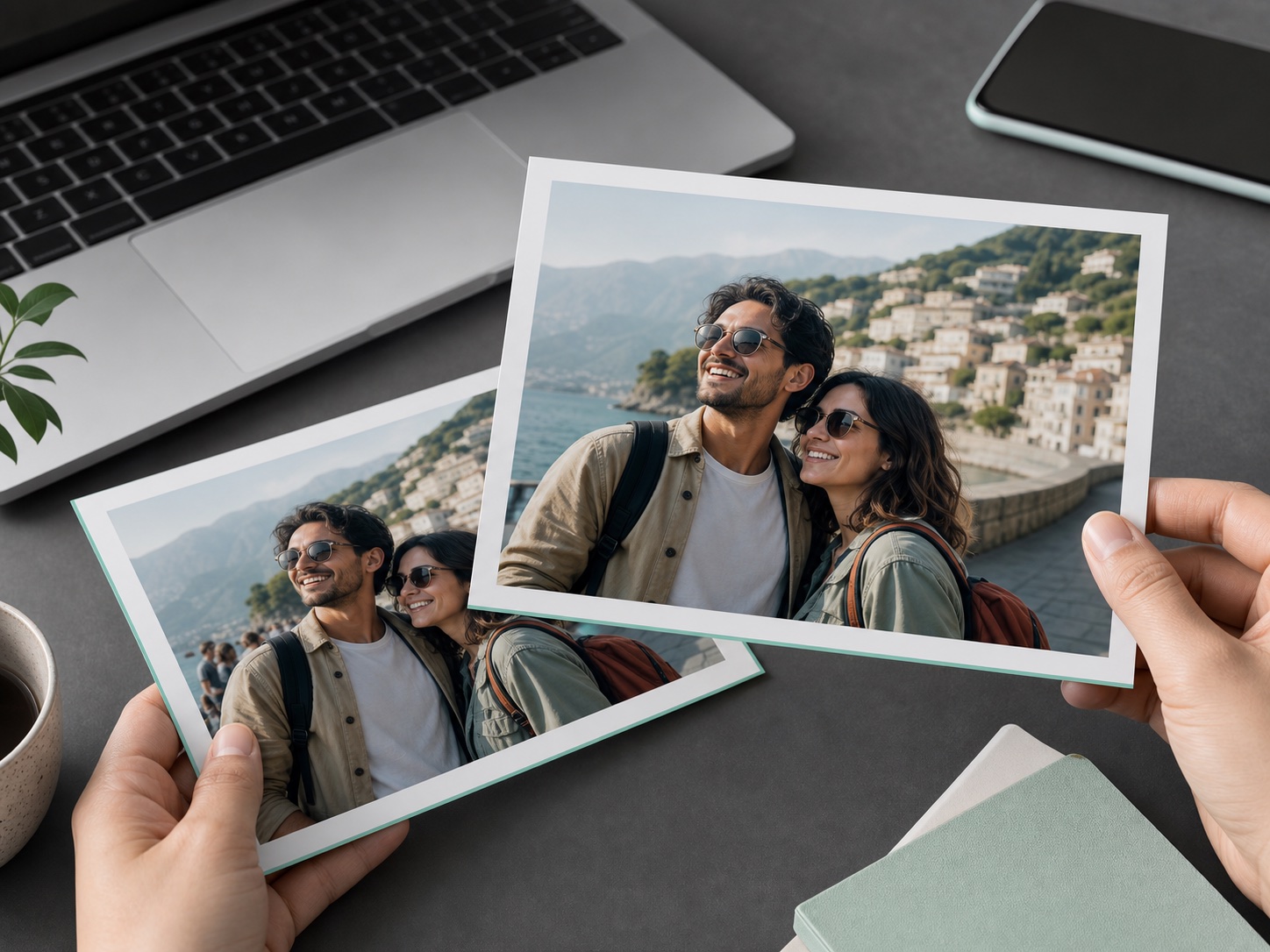 Printed travel photos on a desk showing a busy source photo and a cleaner refined final version